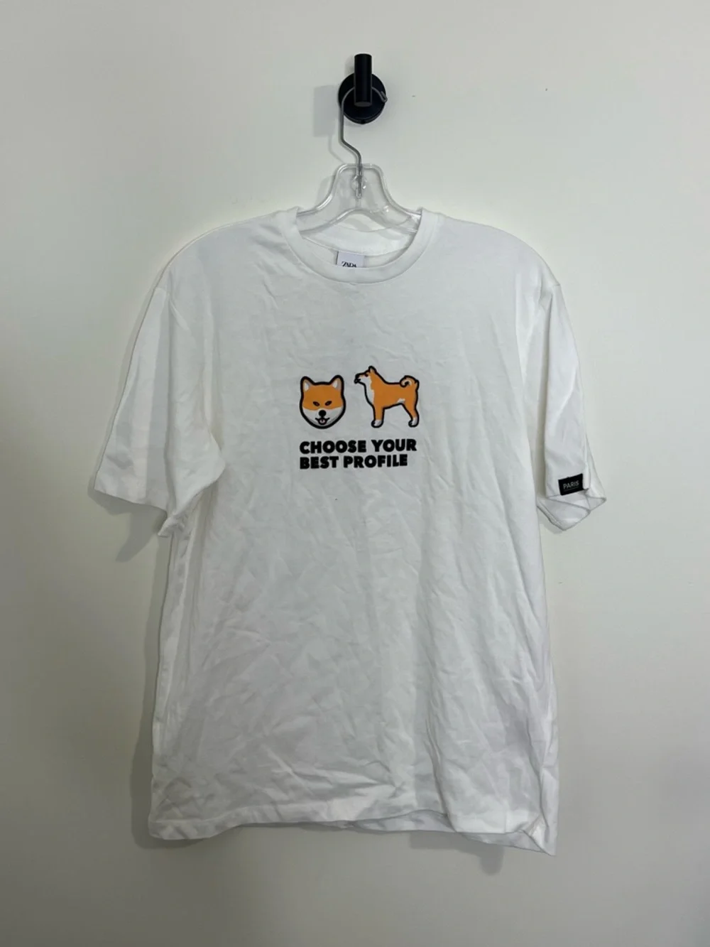 Zara Shiba Inu Graphic T-Shirt White Cotton Tee Paris Patch M NWT - Picture 2 of 10